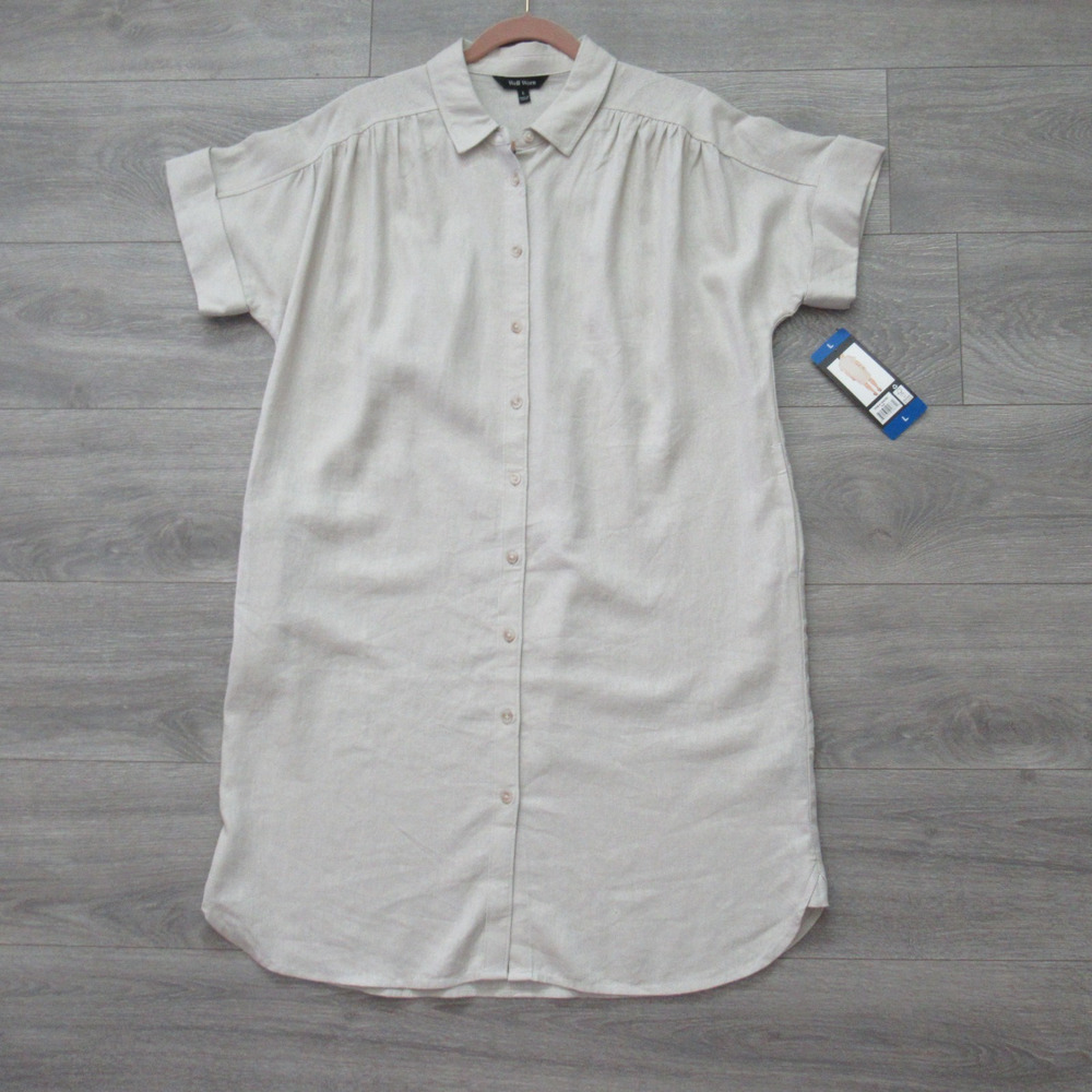 Well Worn Linen Blend Shirt Dress Women M Short Sleeve Cuff Button Front Pockets
